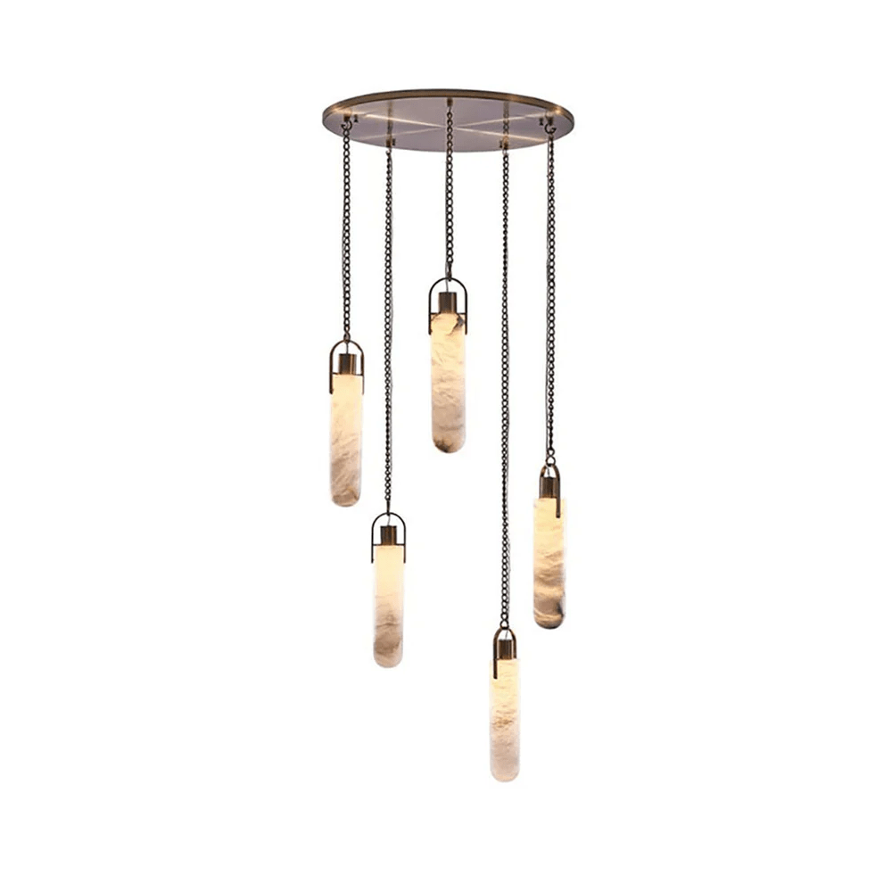 Cascading Alabaster Tube Chandelier in Antique Brass