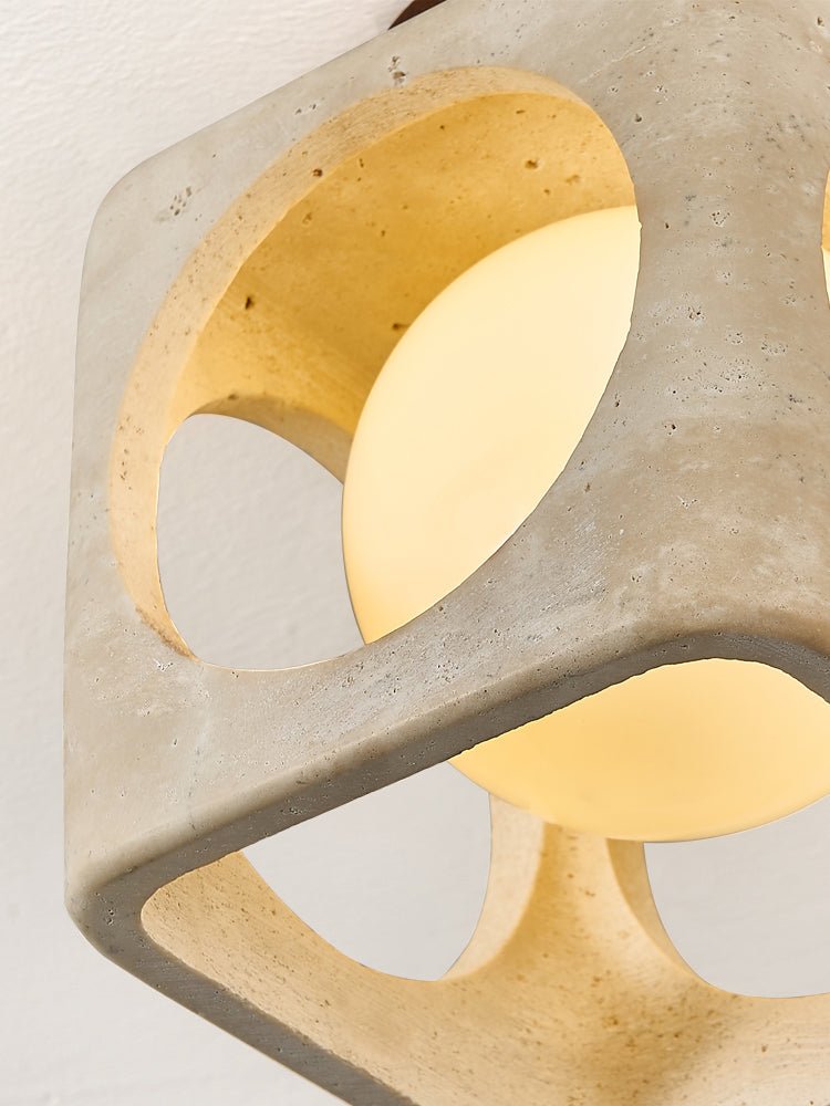 Cylinor Ceiling Lamp in Natural Travertine with Glowing Glass Orb