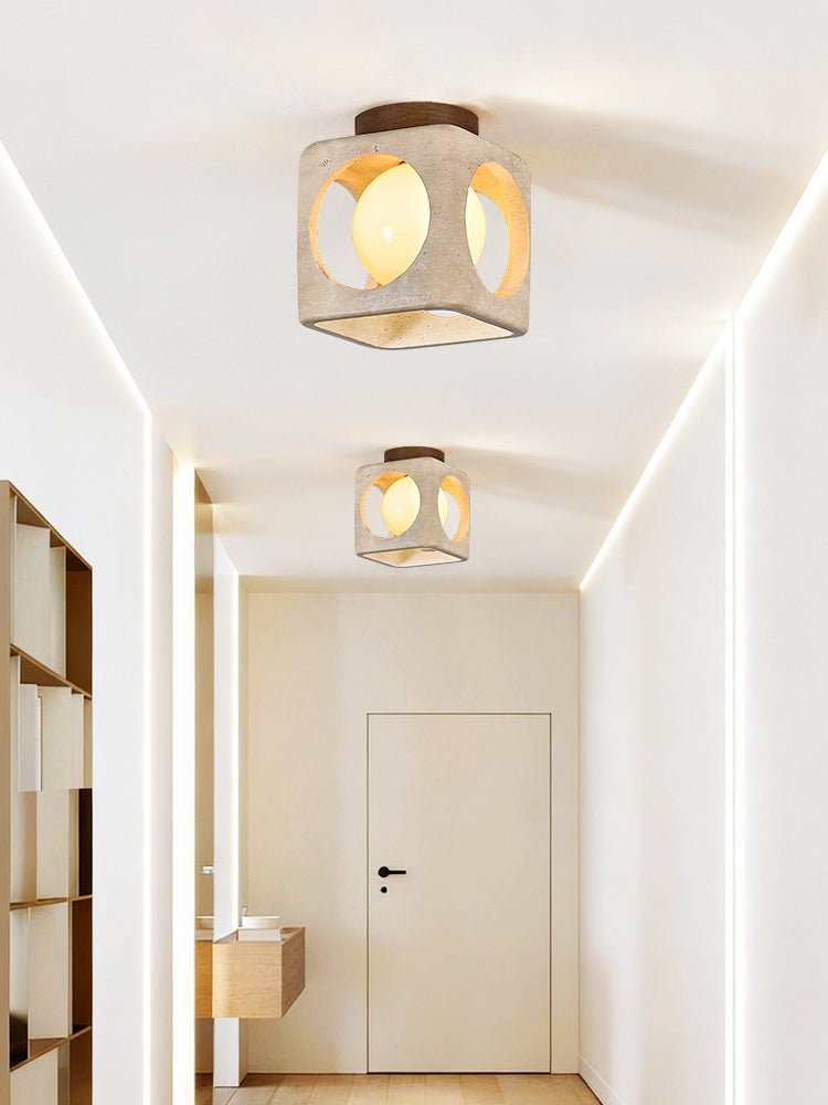 Cylinor Ceiling Lamp in Natural Travertine with Glowing Glass Orb