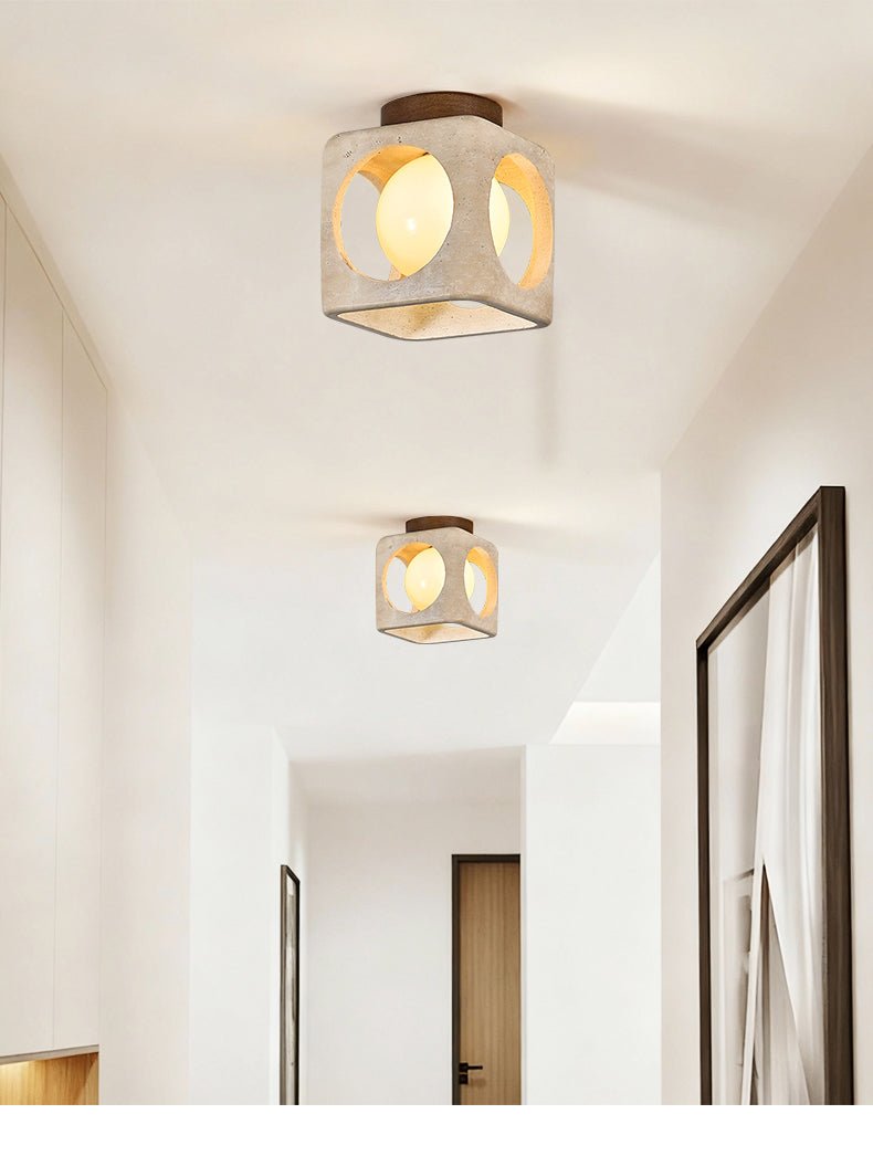 Cylinor Ceiling Lamp in Natural Travertine with Glowing Glass Orb