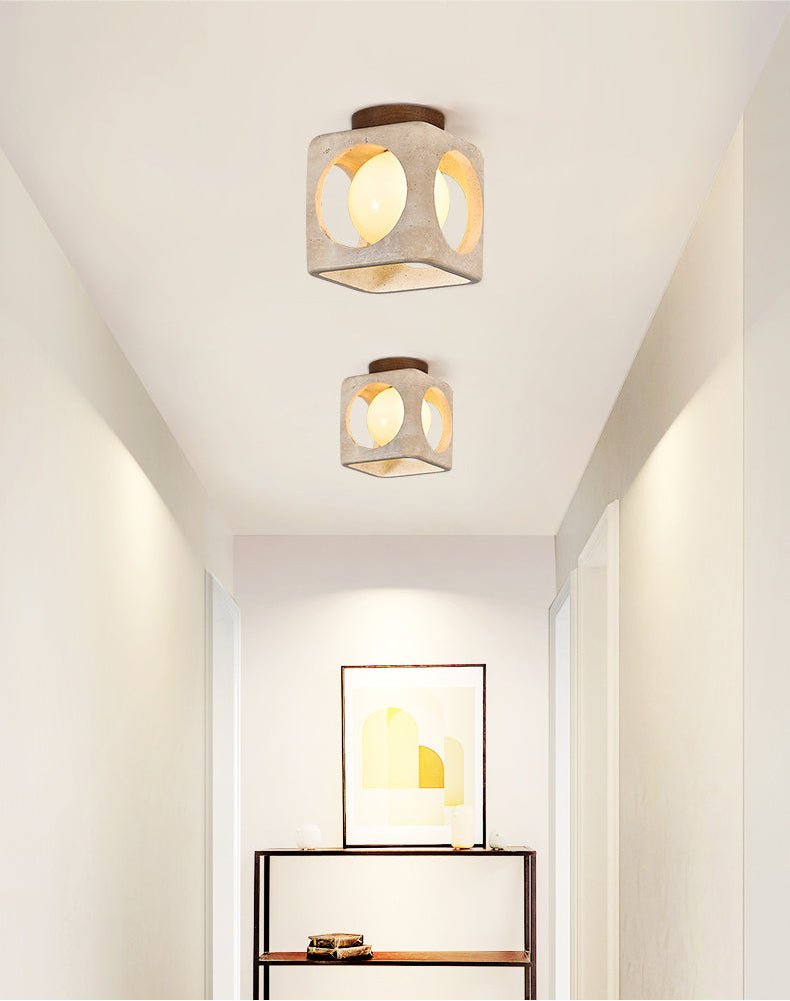 Cylinor Ceiling Lamp in Natural Travertine with Glowing Glass Orb