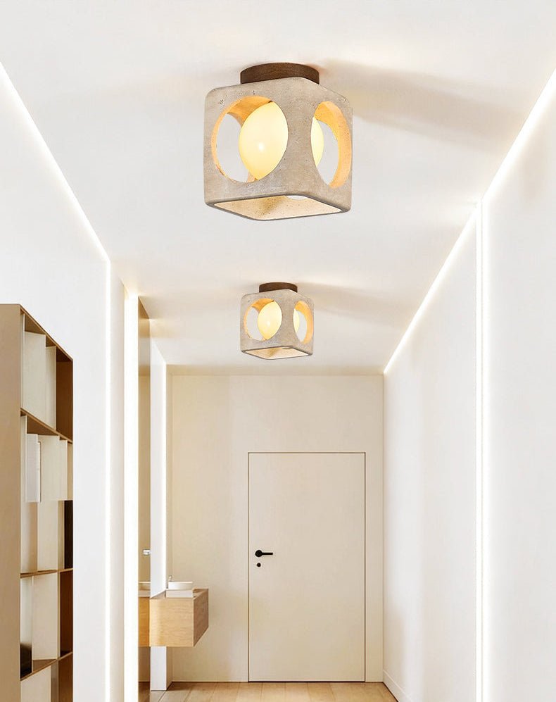 Cylinor Ceiling Lamp in Natural Travertine with Glowing Glass Orb