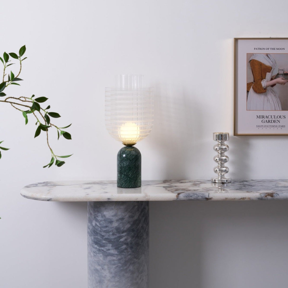 Striara Sculptural Table Lamp with Green Marble Base and Striped Glass Shade