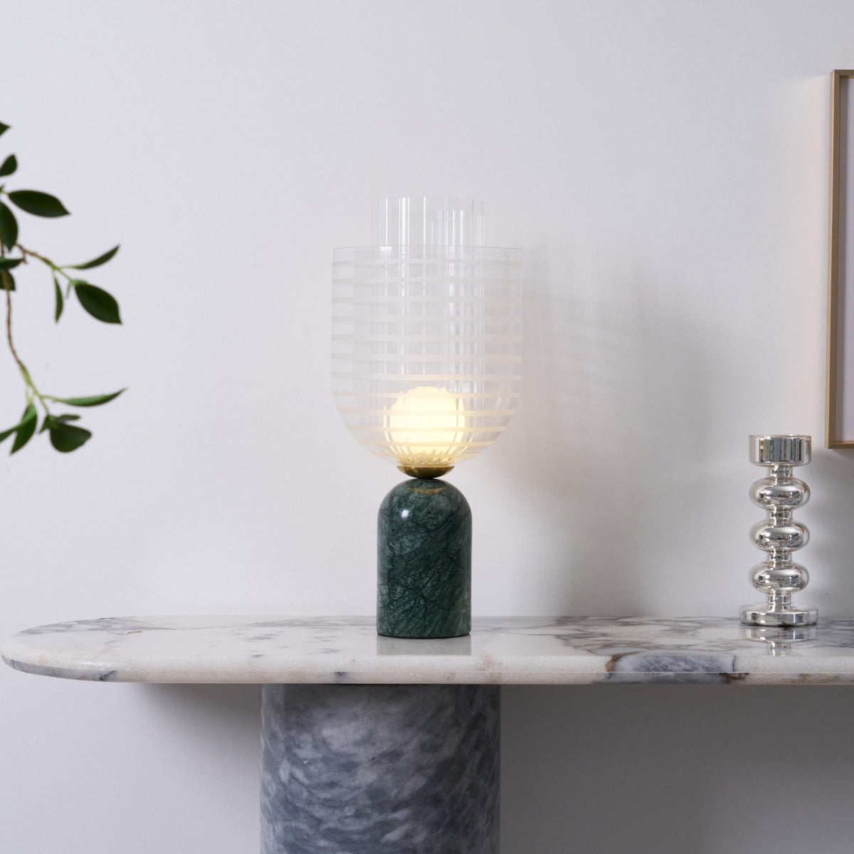 Striara Sculptural Table Lamp with Green Marble Base and Striped Glass Shade
