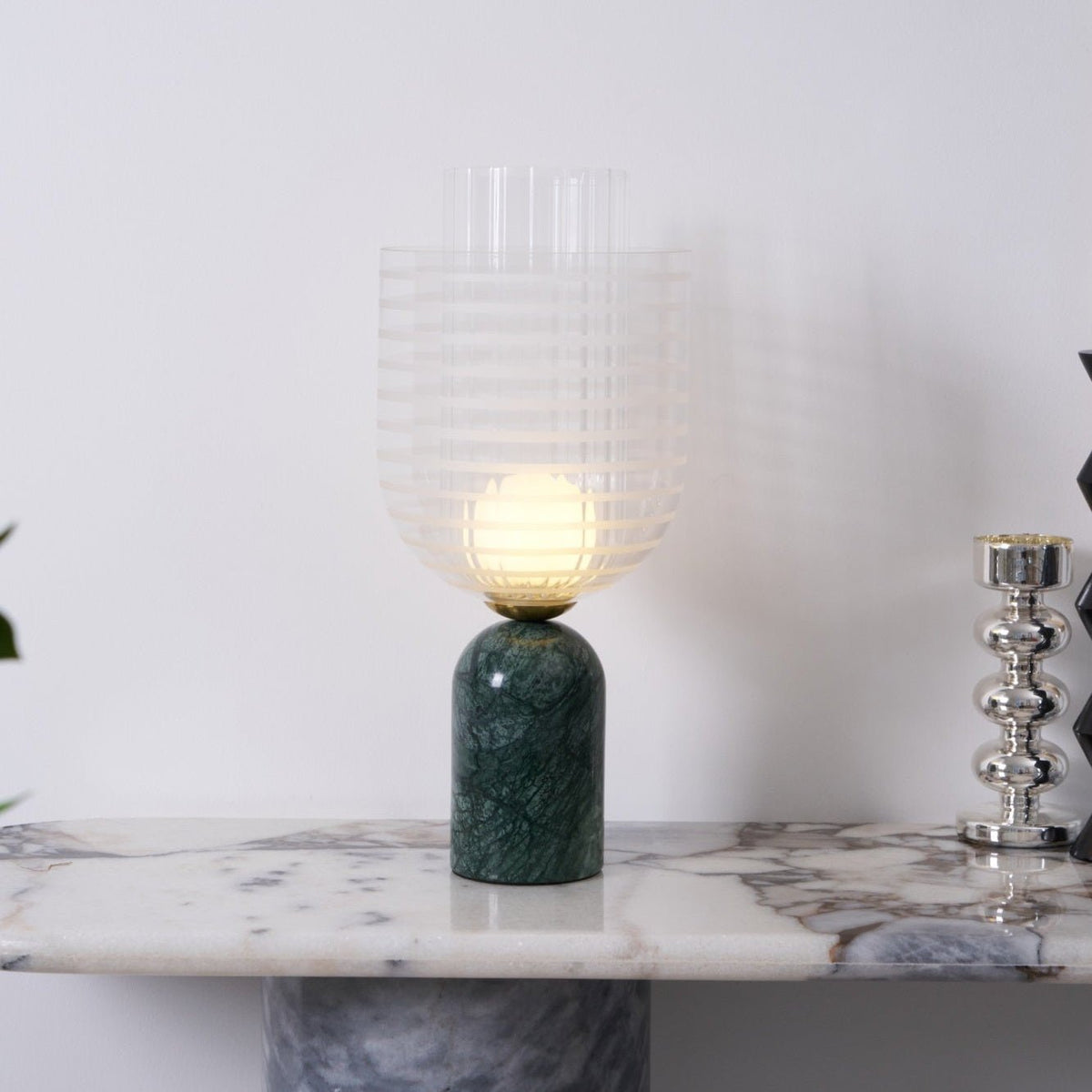 Striara Sculptural Table Lamp with Green Marble Base and Striped Glass Shade