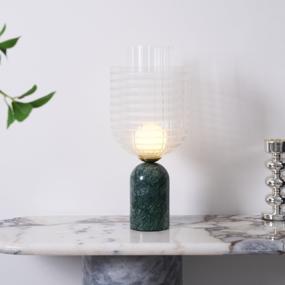 Striara Sculptural Table Lamp with Green Marble Base and Striped Glass Shade