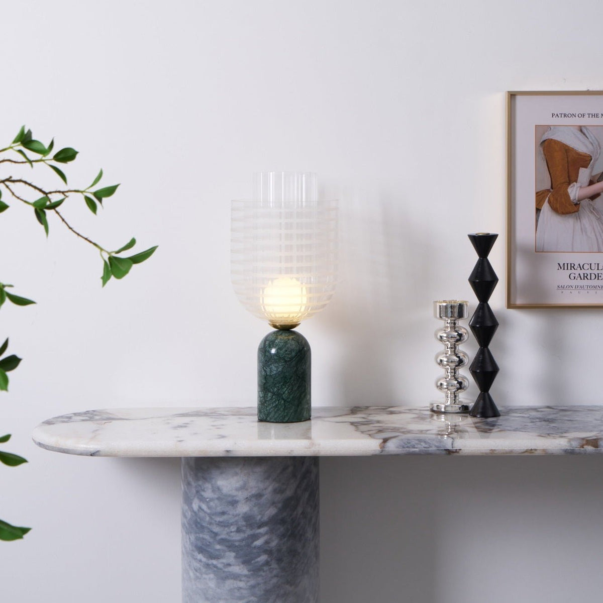 Striara Sculptural Table Lamp with Green Marble Base and Striped Glass Shade