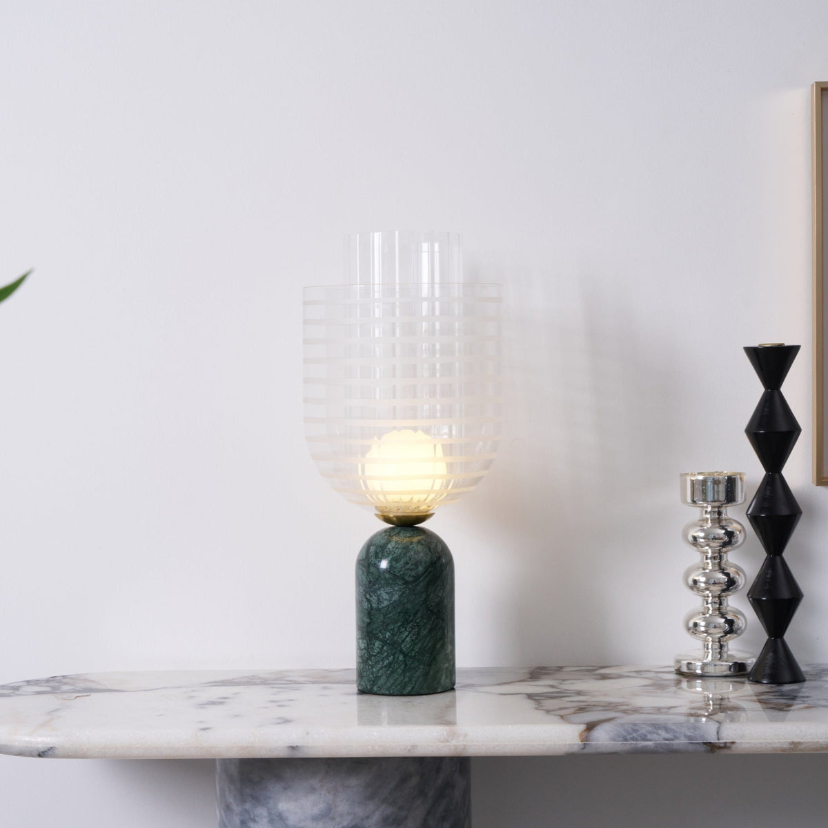 Striara Sculptural Table Lamp with Green Marble Base and Striped Glass Shade