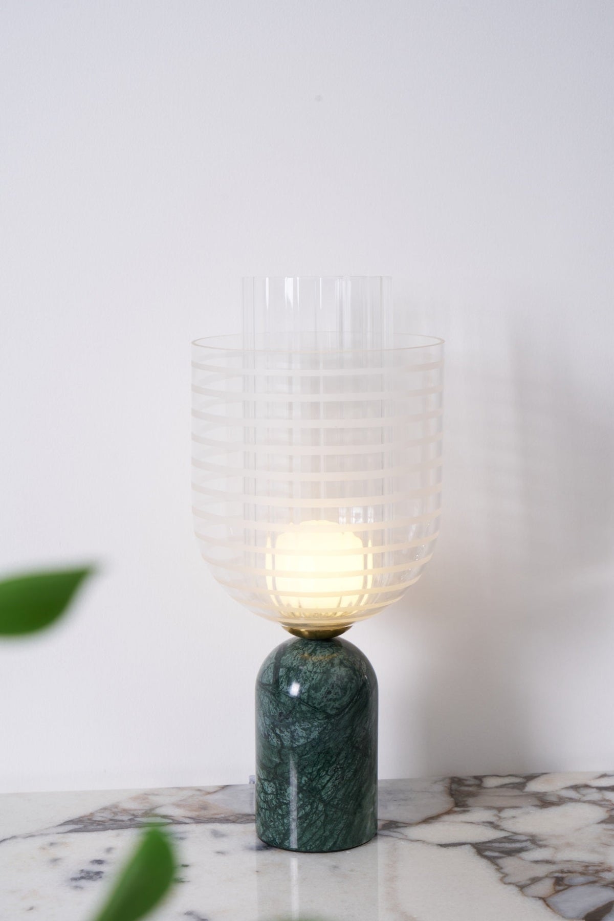 Striara Sculptural Table Lamp with Green Marble Base and Striped Glass Shade