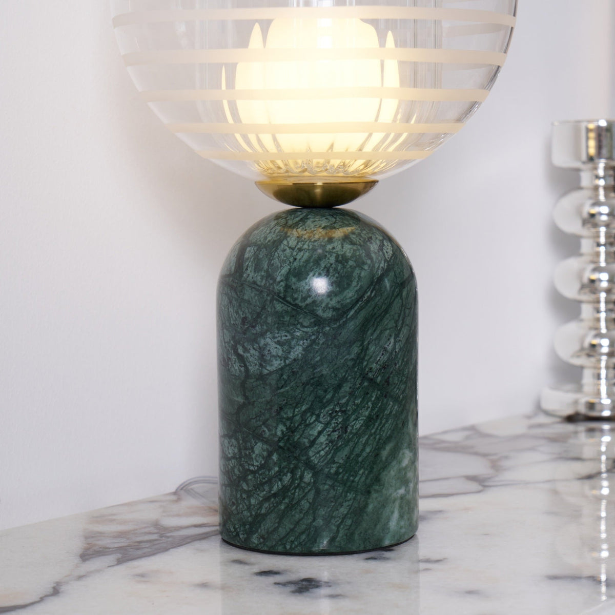 Striara Sculptural Table Lamp with Green Marble Base and Striped Glass Shade