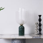 Striara Sculptural Table Lamp with Green Marble Base and Striped Glass Shade