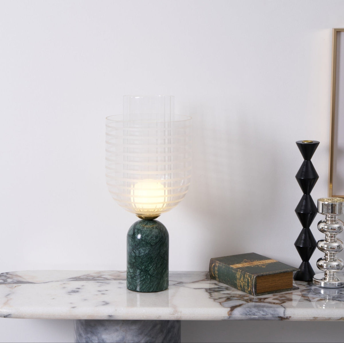 Striara Sculptural Table Lamp with Green Marble Base and Striped Glass Shade