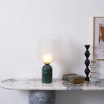 Striara Sculptural Table Lamp with Green Marble Base and Striped Glass Shade