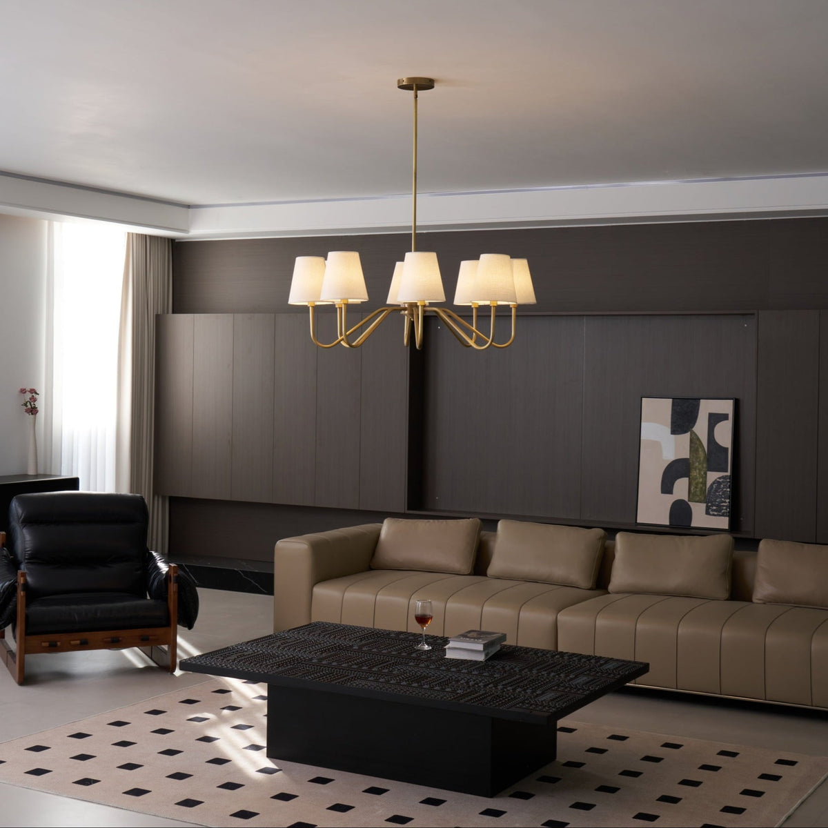 Opaluxe Brass Chandelier – Six-Light Designer Ceiling Light with Fabric Shades