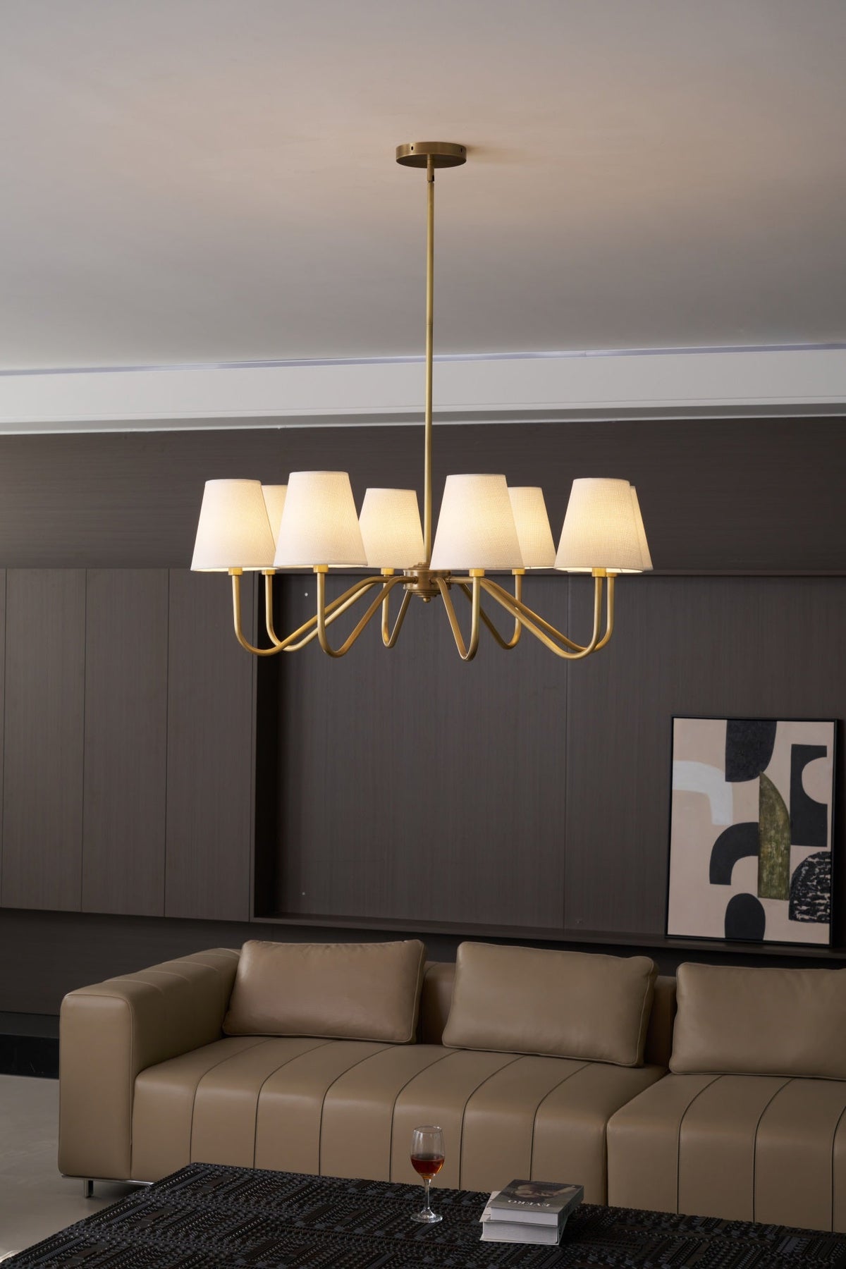 Opaluxe Brass Chandelier – Six-Light Designer Ceiling Light with Fabric Shades