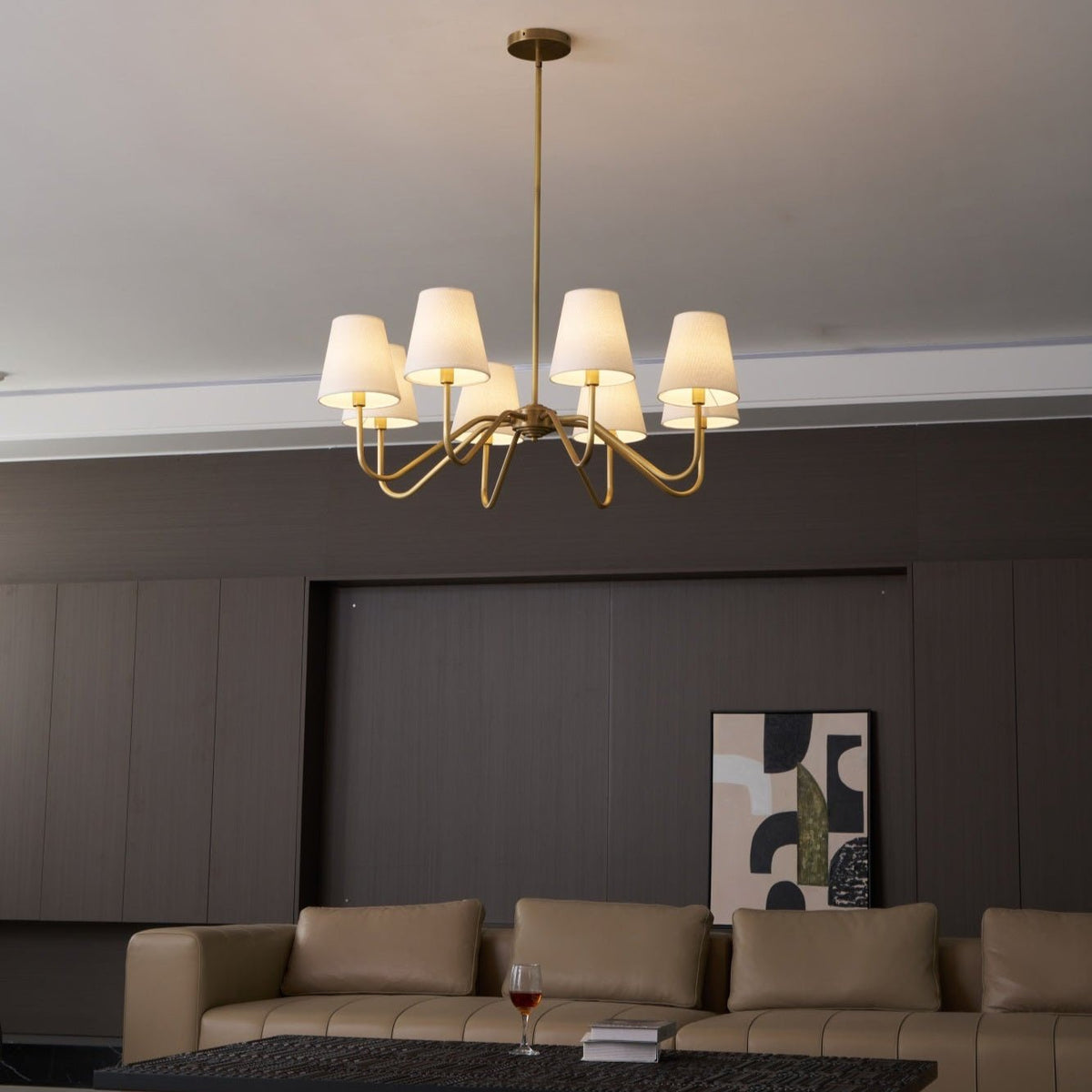Opaluxe Brass Chandelier – Six-Light Designer Ceiling Light with Fabric Shades