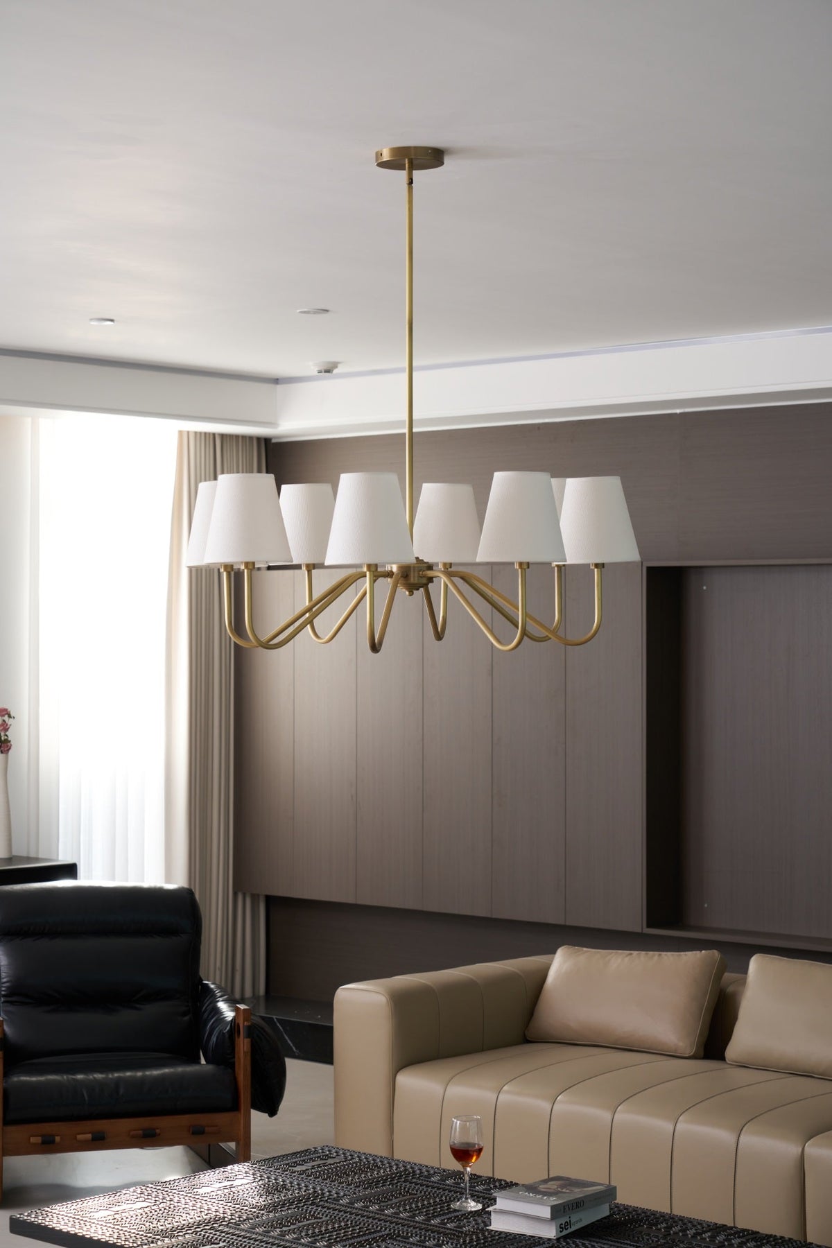 Opaluxe Brass Chandelier – Six-Light Designer Ceiling Light with Fabric Shades