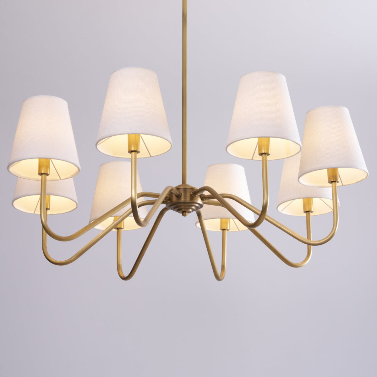 Opaluxe Brass Chandelier – Six-Light Designer Ceiling Light with Fabric Shades