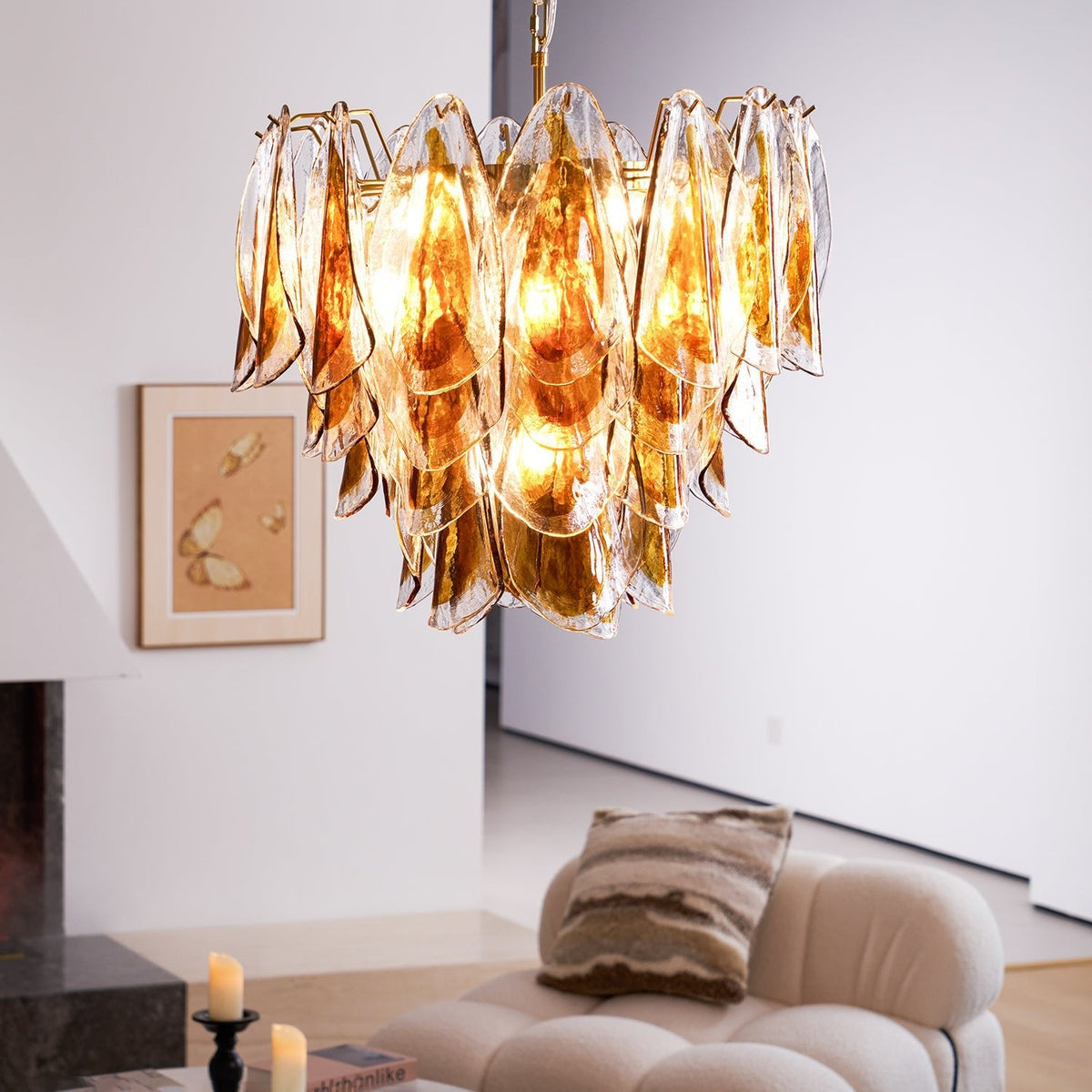 Solviva Glass Chandelier – Modern Amber Leaf Pendant Light