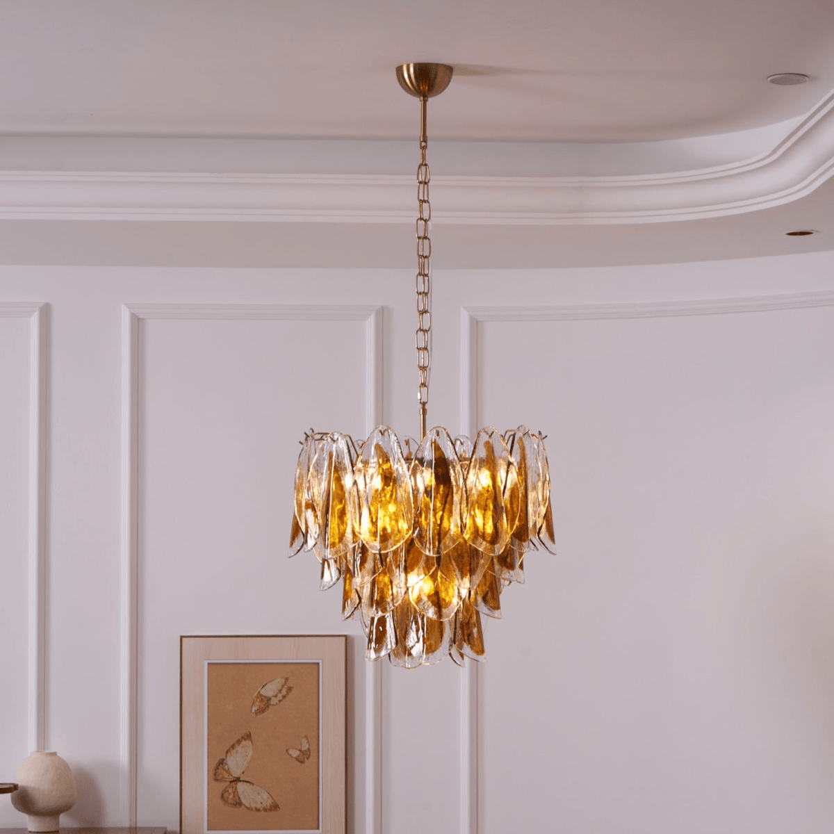 Solviva Glass Chandelier – Modern Amber Leaf Pendant Light