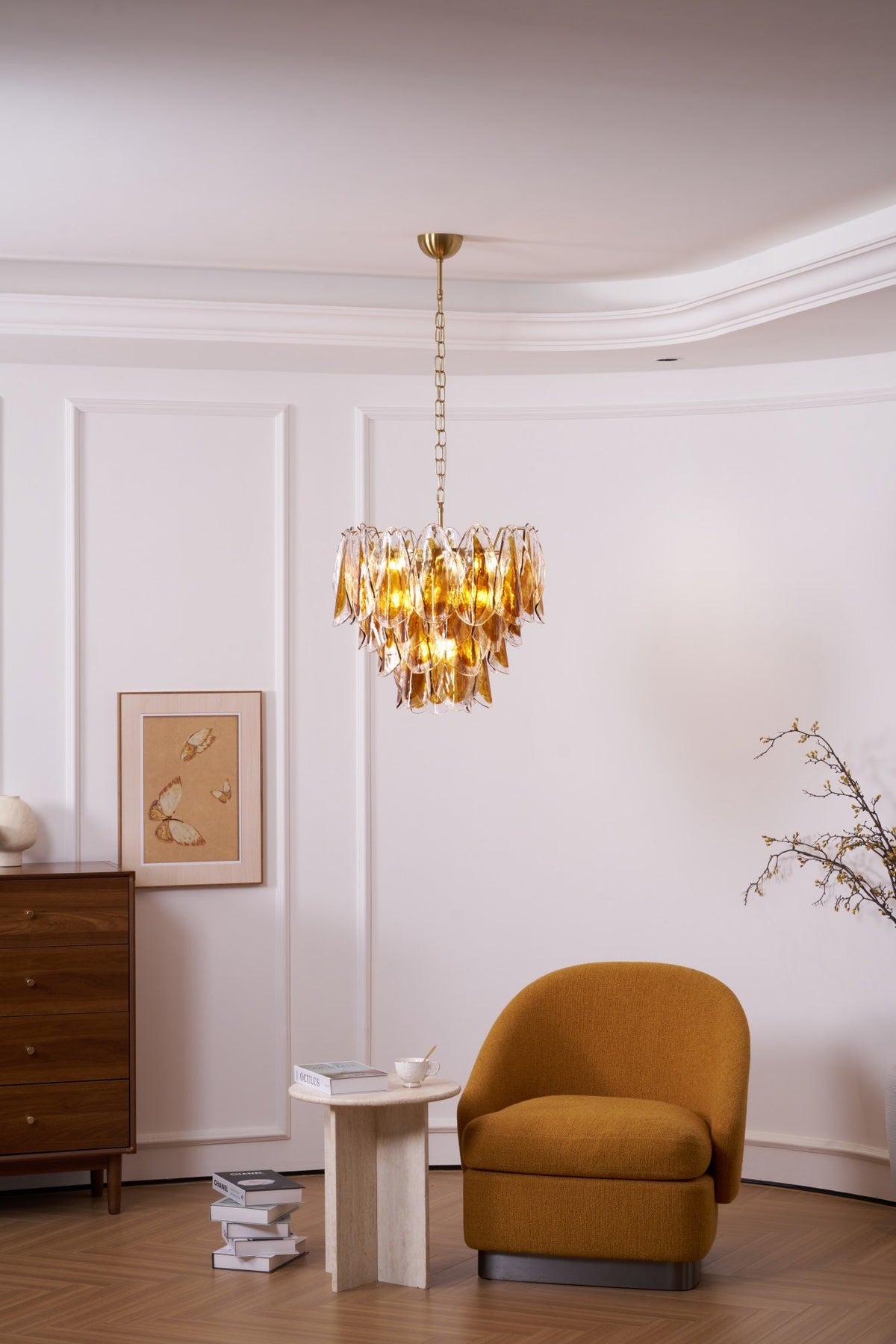 Solviva Glass Chandelier – Modern Amber Leaf Pendant Light