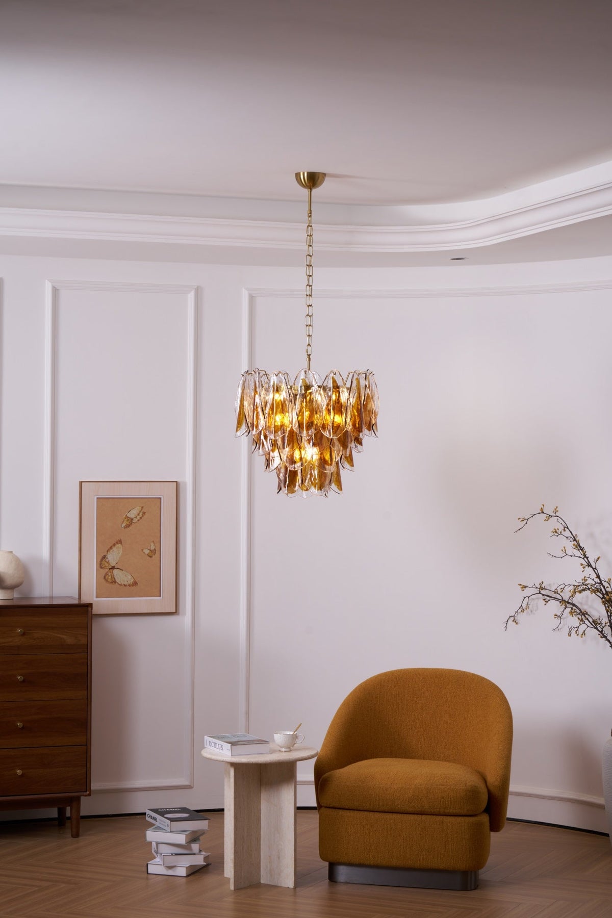 Solviva Glass Chandelier – Modern Amber Leaf Pendant Light