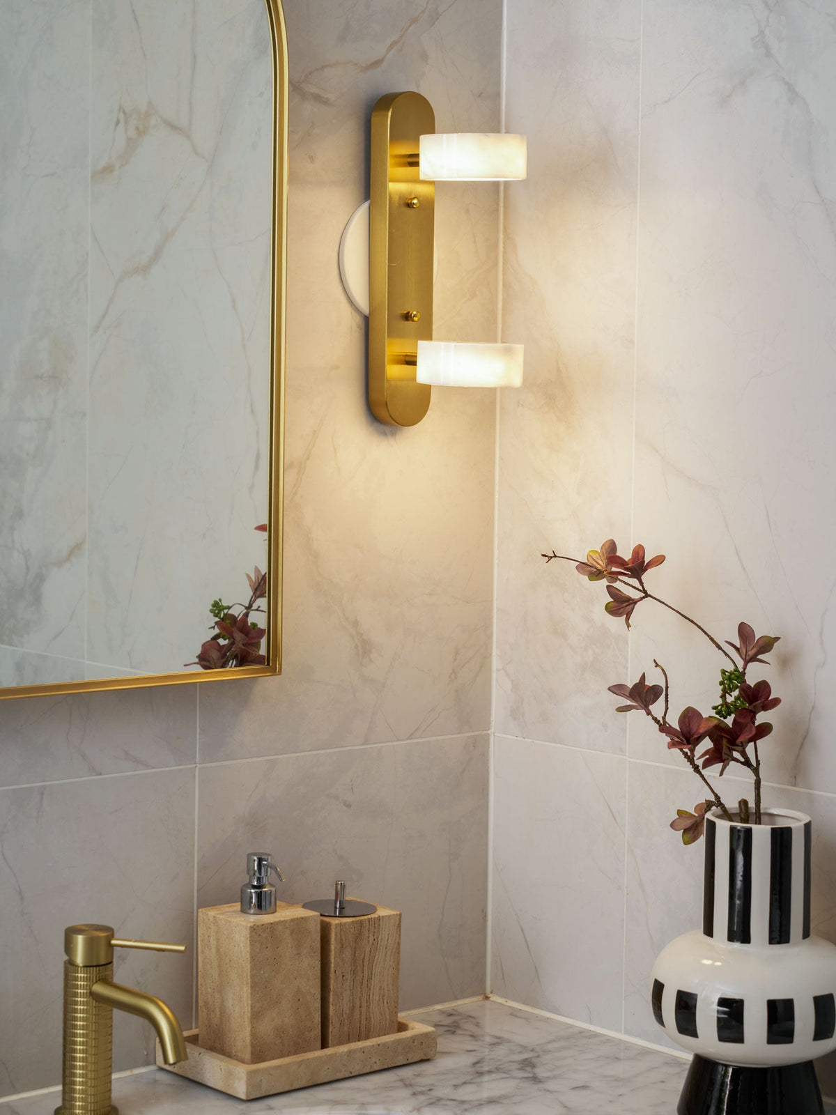 Traviso Trio Wall Sconce in Travertine and Matte Black for Bathroom Vanity