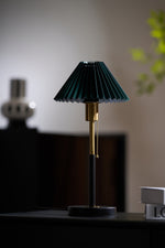 Lumi Pleated Table Lamp – Velvet Shade, Brass & Black Metal Base