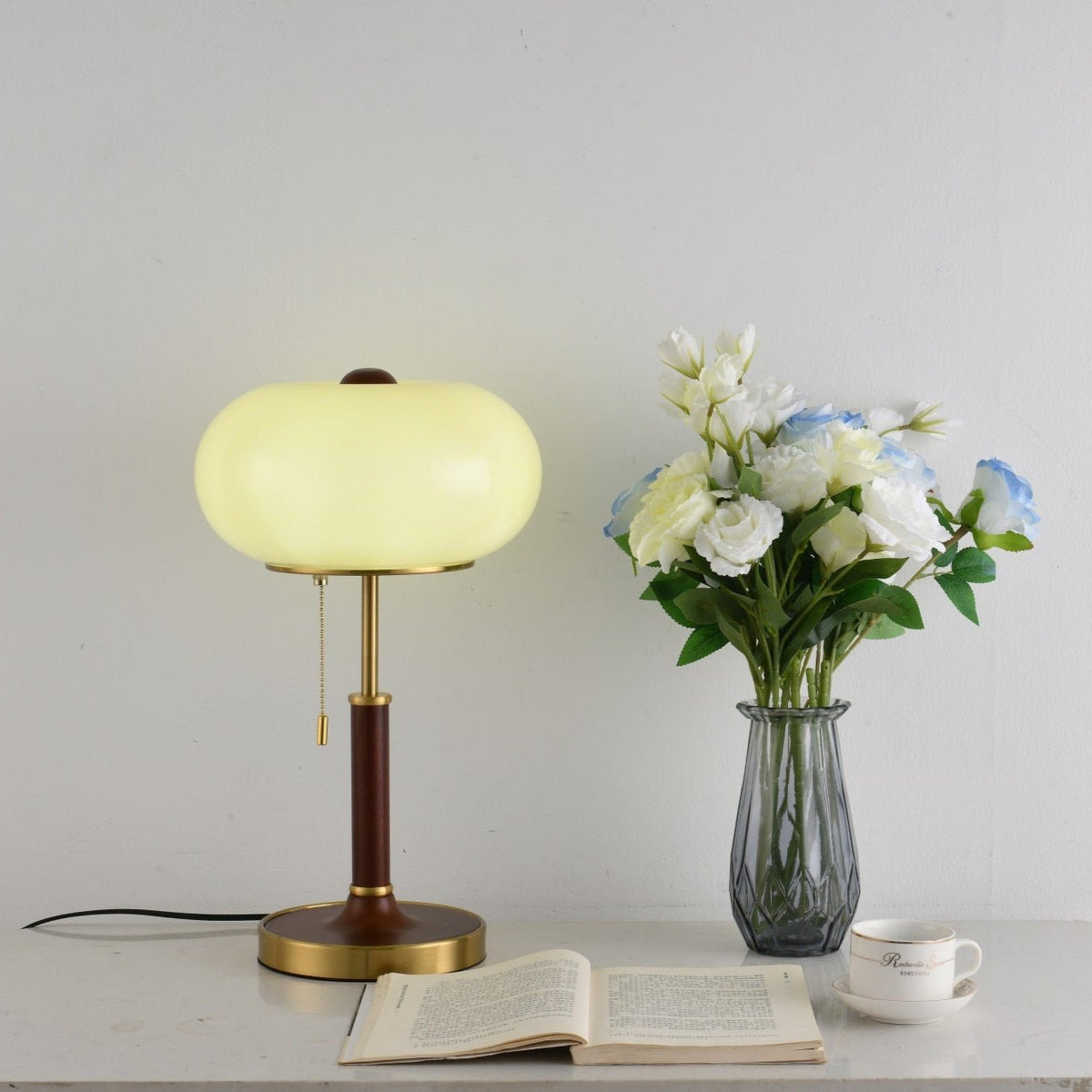 Liora Lantern Table Lamp – Walnut Wood & Amber Glass LED