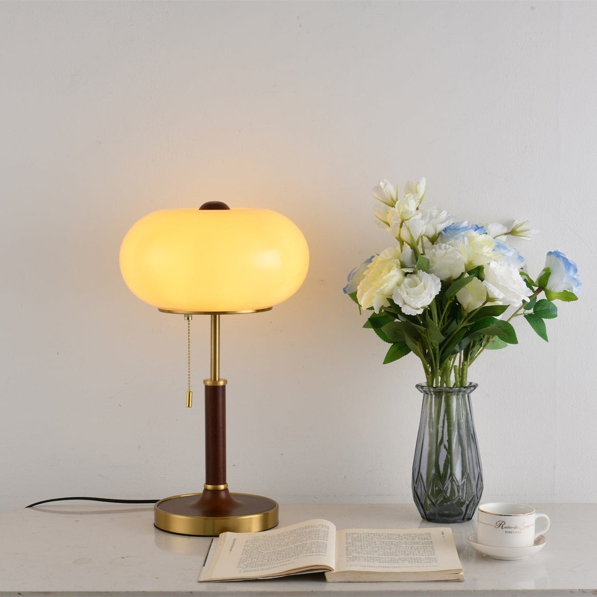 Liora Lantern Table Lamp – Walnut Wood & Amber Glass LED