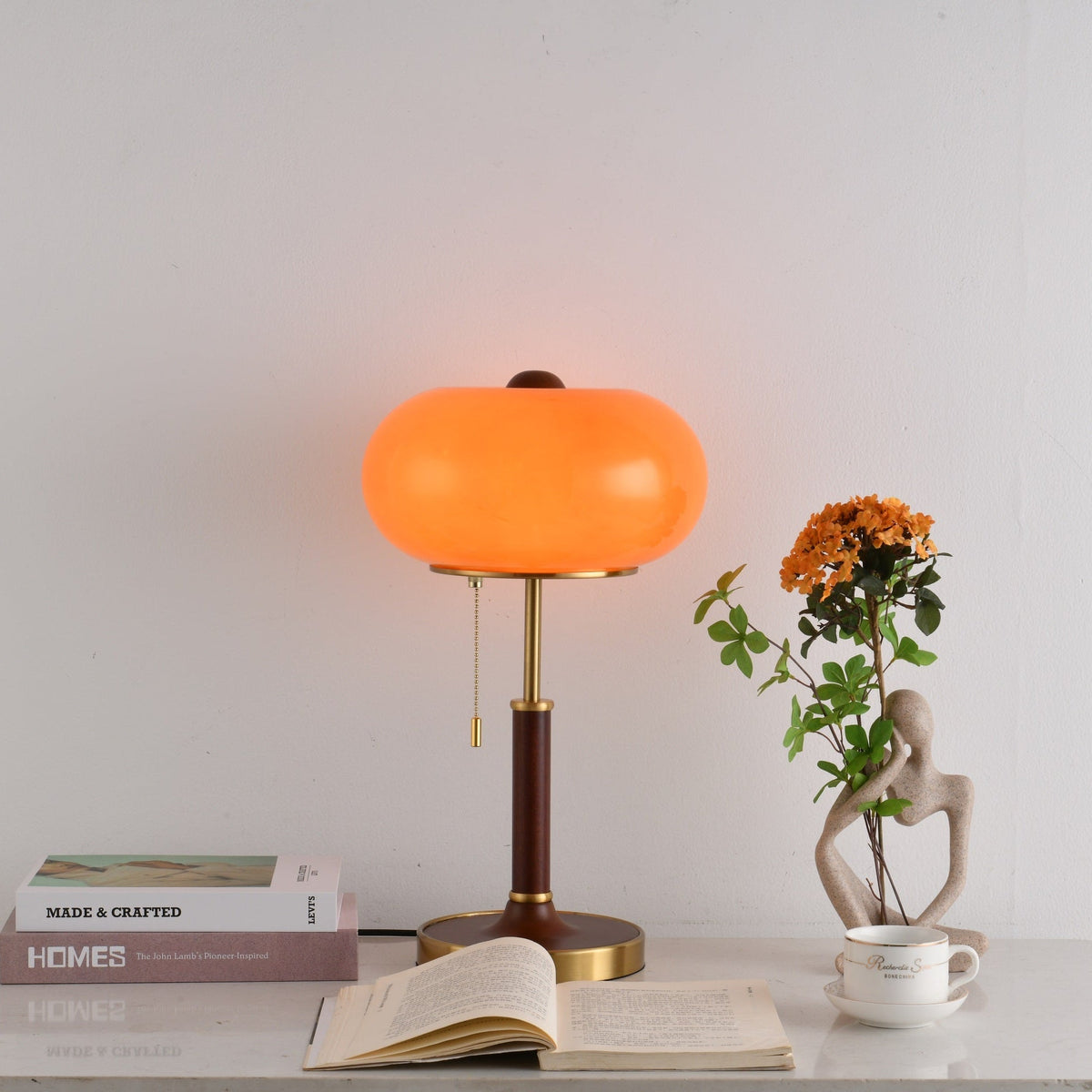 Liora Lantern Table Lamp – Walnut Wood & Amber Glass LED