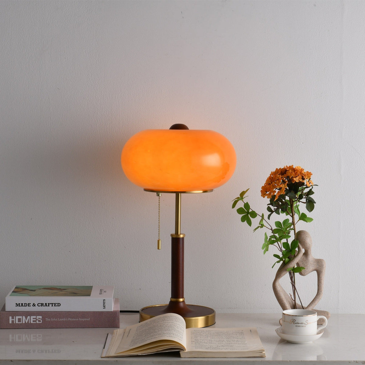 Liora Lantern Table Lamp – Walnut Wood & Amber Glass LED