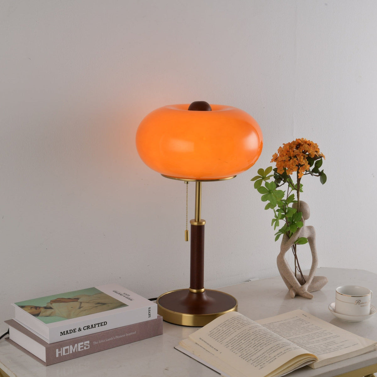 Liora Lantern Table Lamp – Walnut Wood & Amber Glass LED