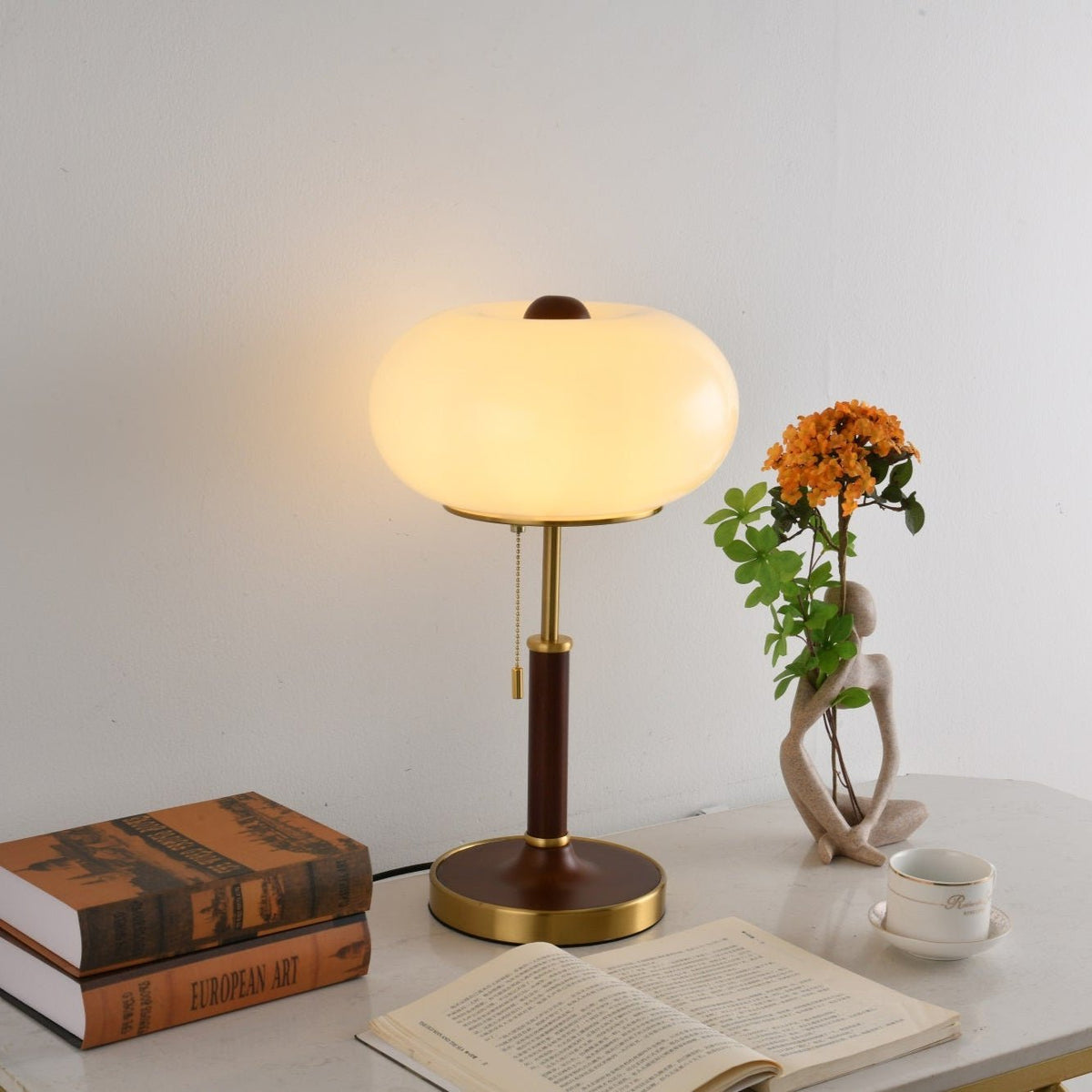 Liora Lantern Table Lamp – Walnut Wood & Amber Glass LED