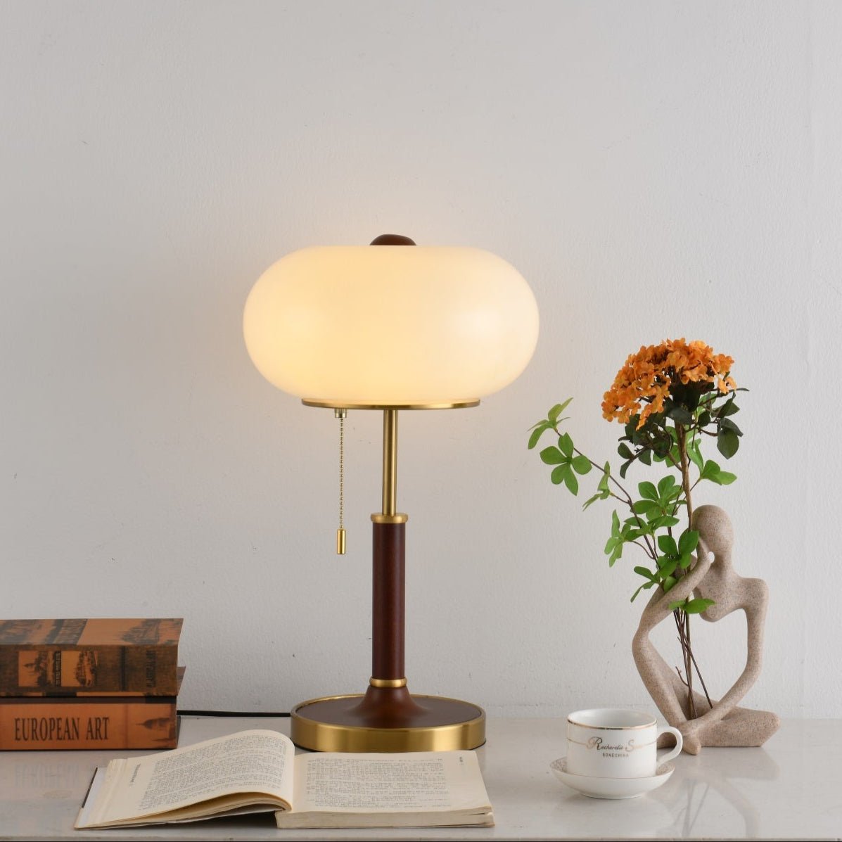 Liora Lantern Table Lamp – Walnut Wood & Amber Glass LED