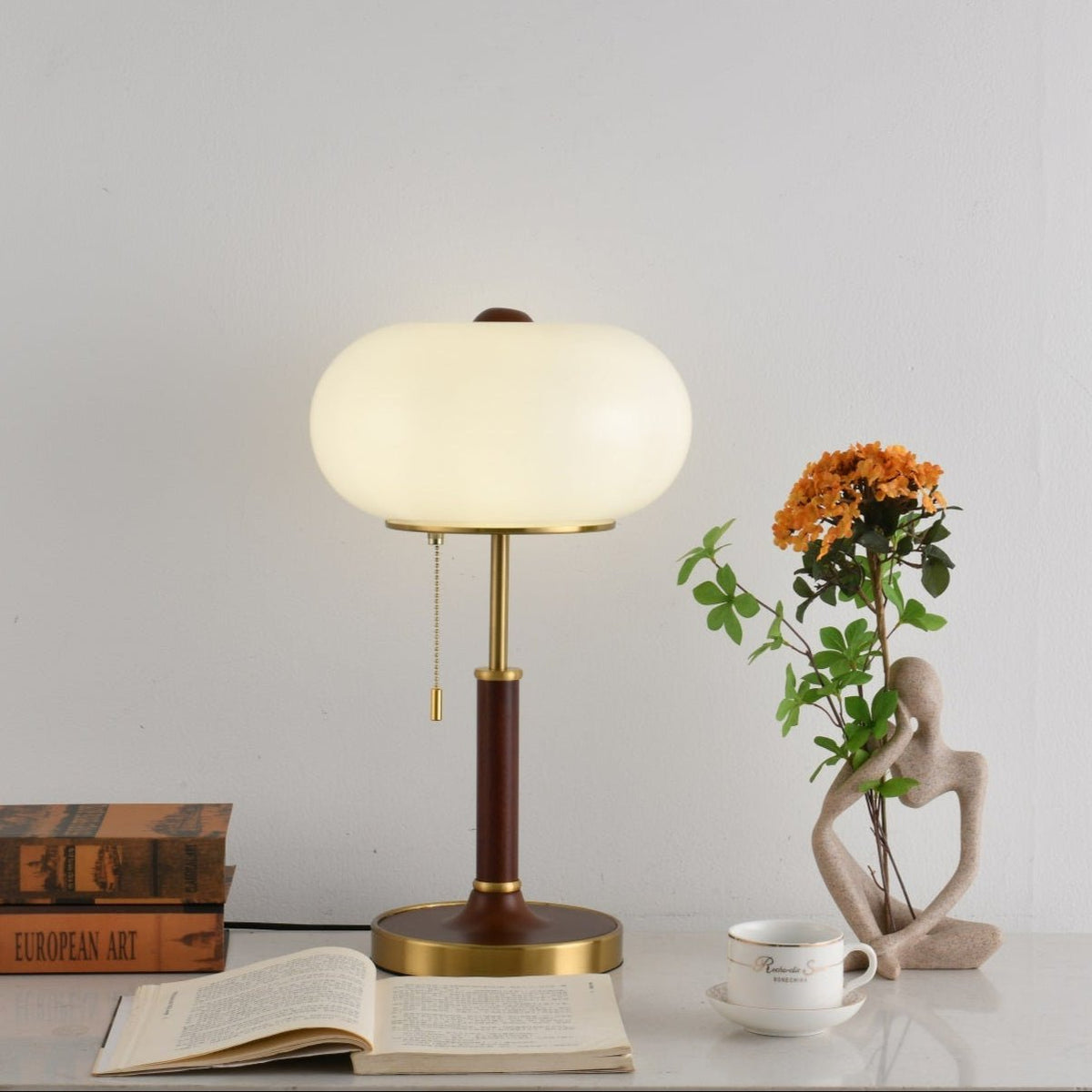 Liora Lantern Table Lamp – Walnut Wood & Amber Glass LED