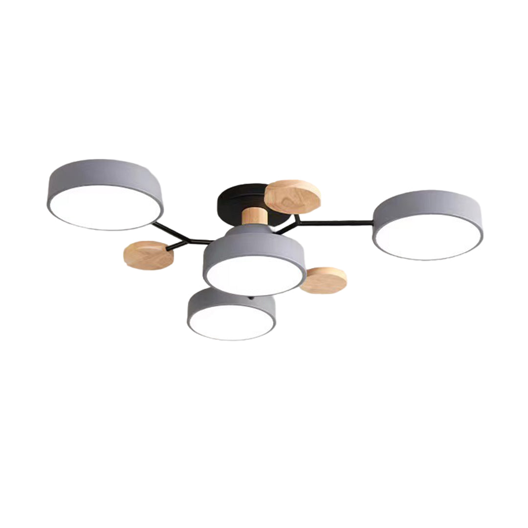 Sculptural Wood & Brass LED Study Lighting Set with Semi-Flush Mount and Desk Lamp