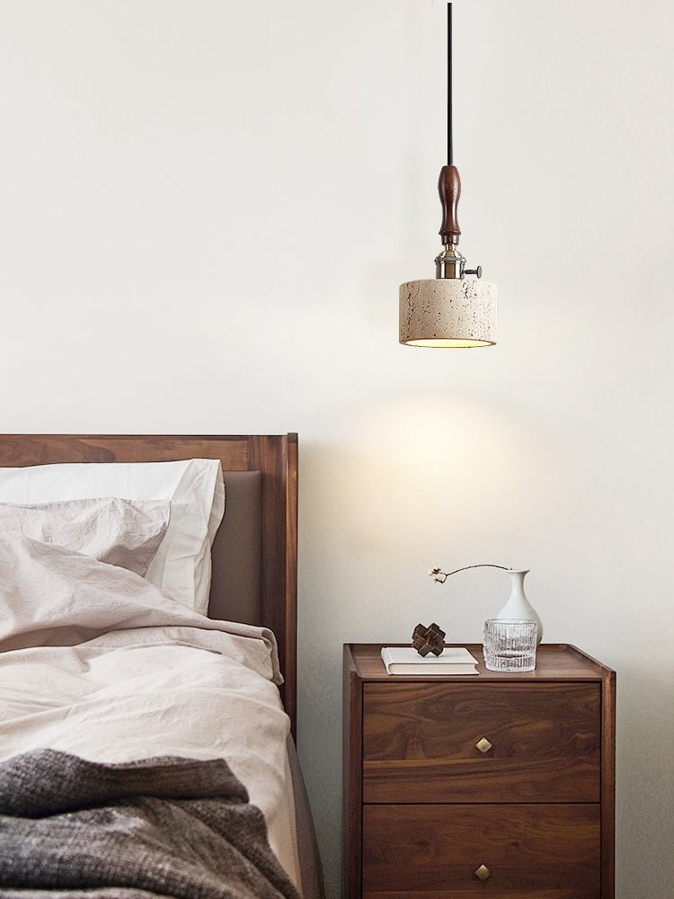 Dalton Travertine Pendant Light — Dark Walnut & Natural Stone