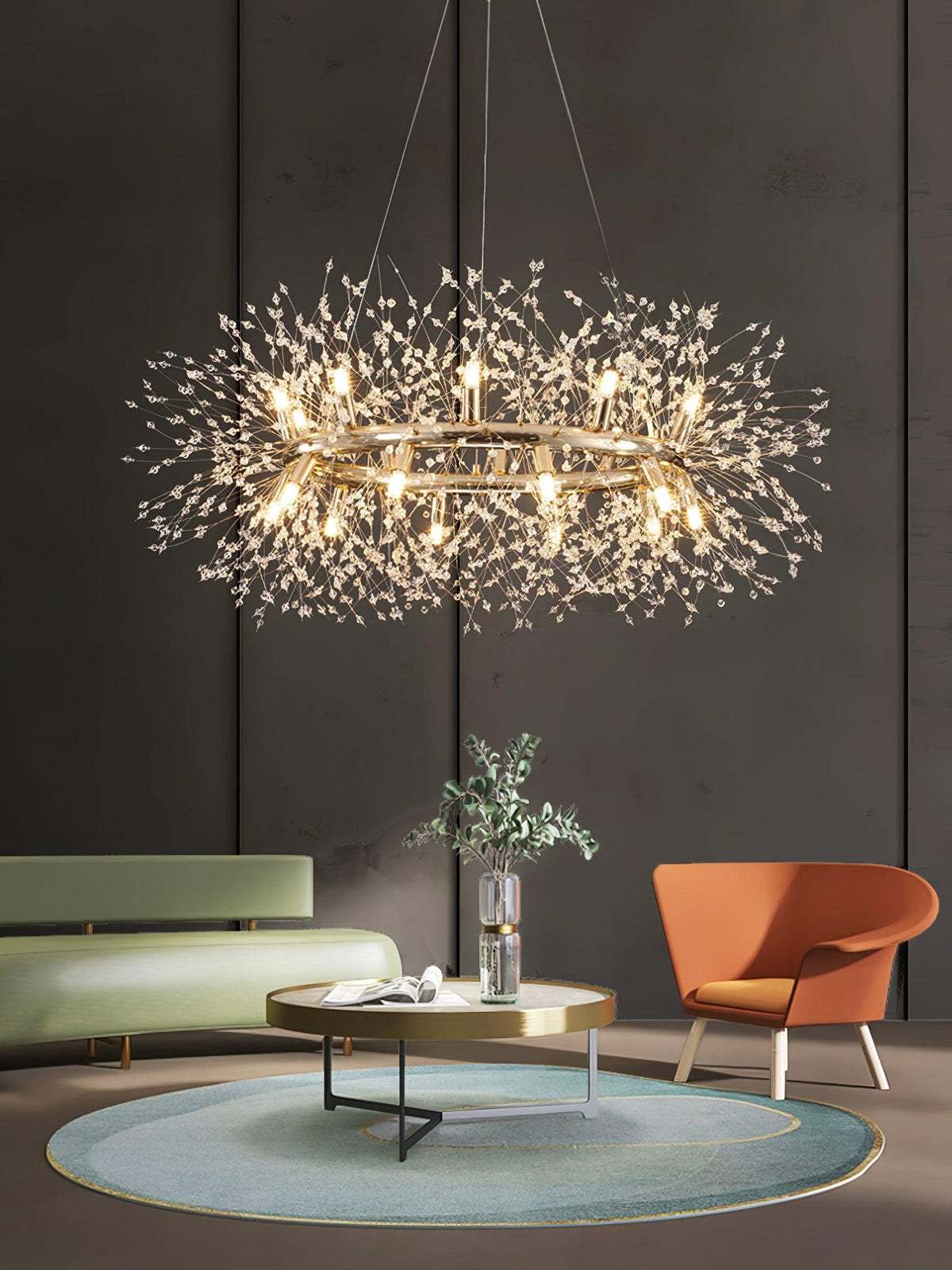 Dandelion Round Crystal Chandelier Modern Gold LED Pendant Light for Dining Room
