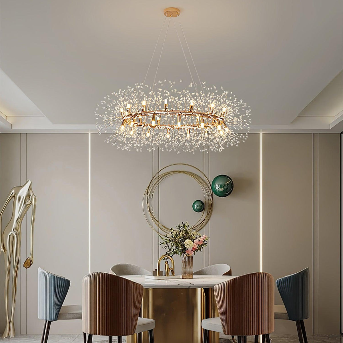 Dandelion Round Crystal Chandelier Modern Gold LED Pendant Light for Dining Room