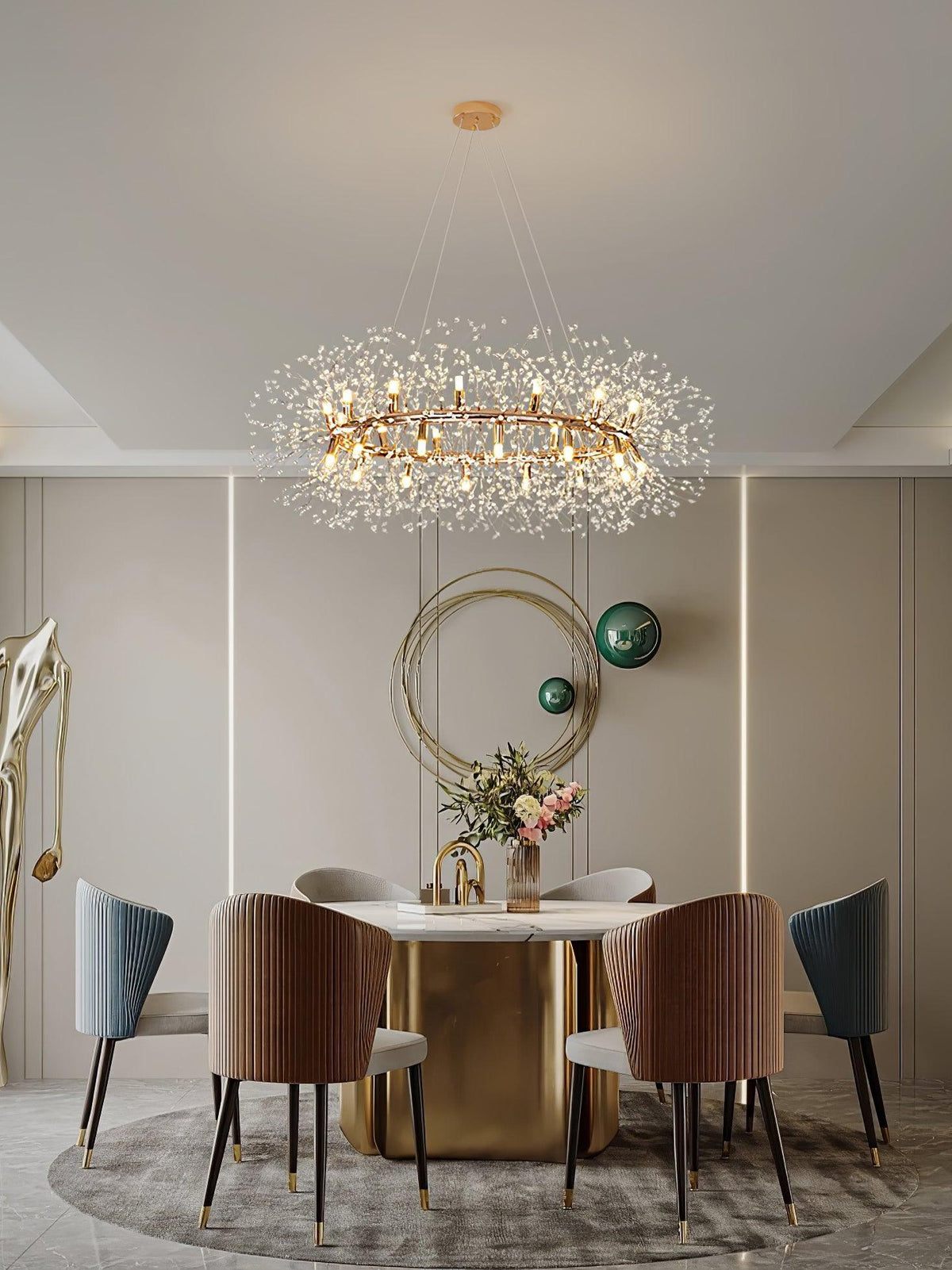 Dandelion Round Crystal Chandelier Modern Gold LED Pendant Light for Dining Room