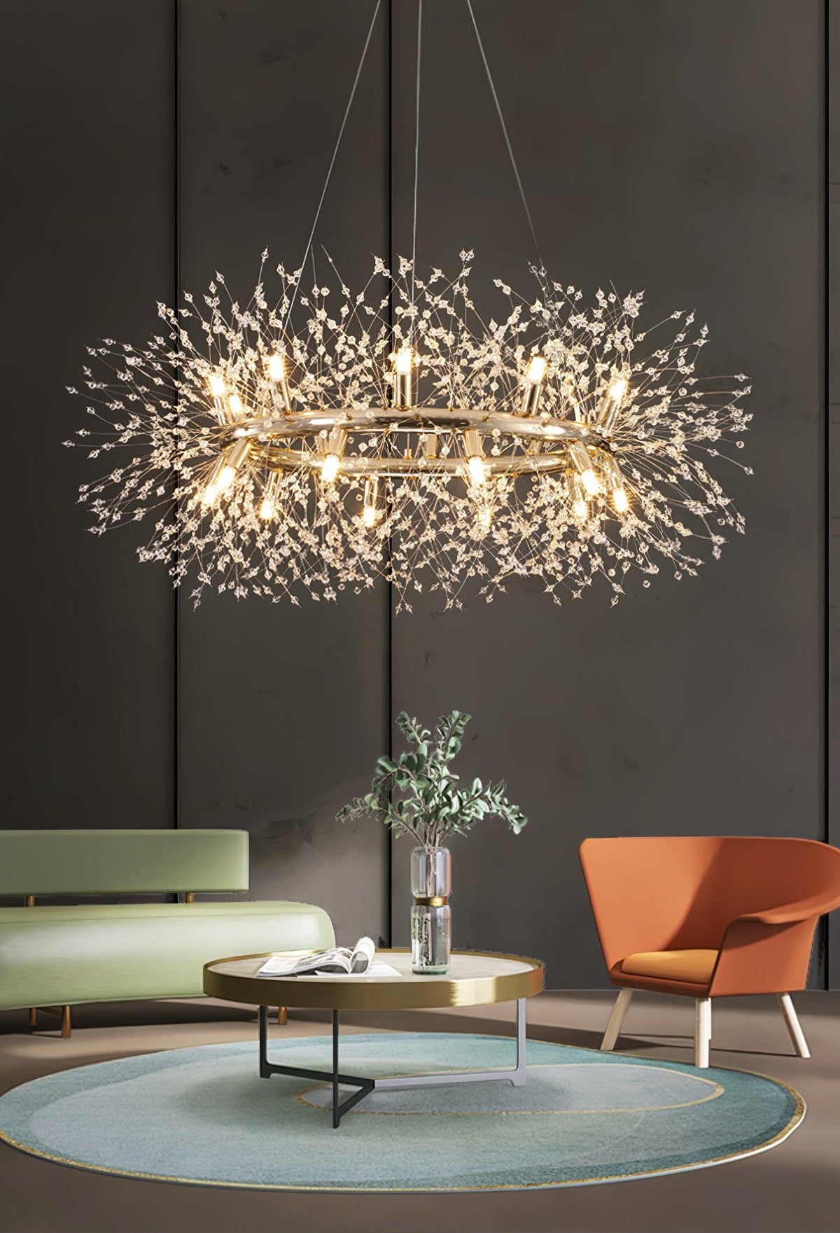Dandelion Round Crystal Chandelier Modern Gold LED Pendant Light for Dining Room
