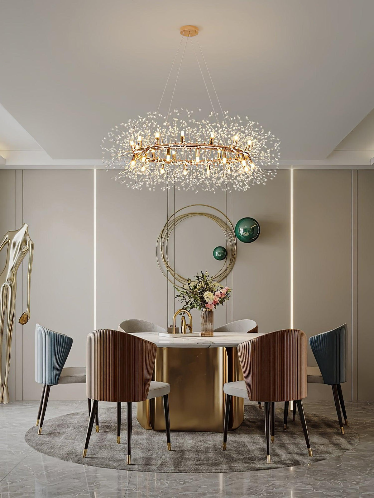 Dandelion Round Crystal Chandelier Modern Gold LED Pendant Light for Dining Room