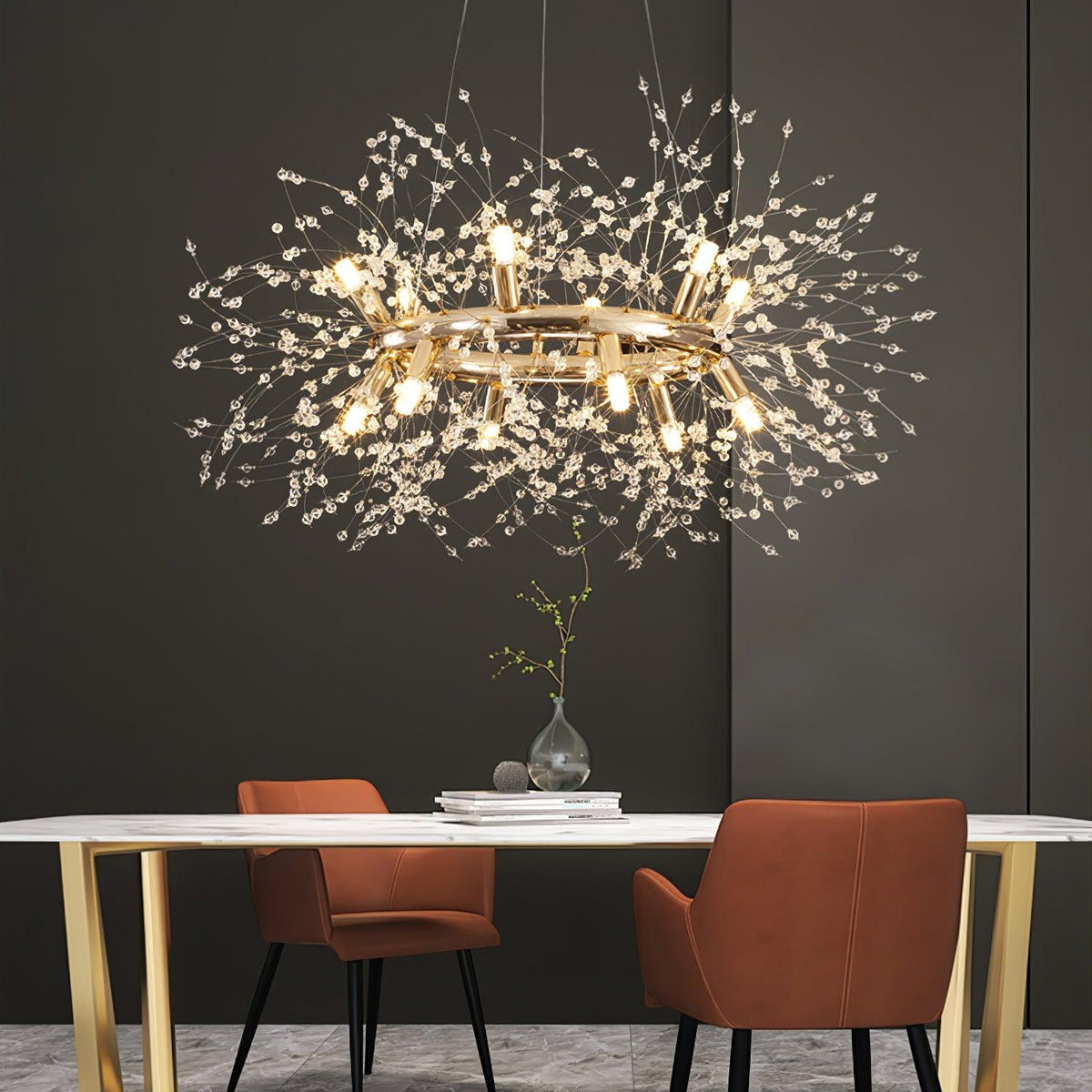 Dandelion Round Crystal Chandelier Modern Gold LED Pendant Light for Dining Room