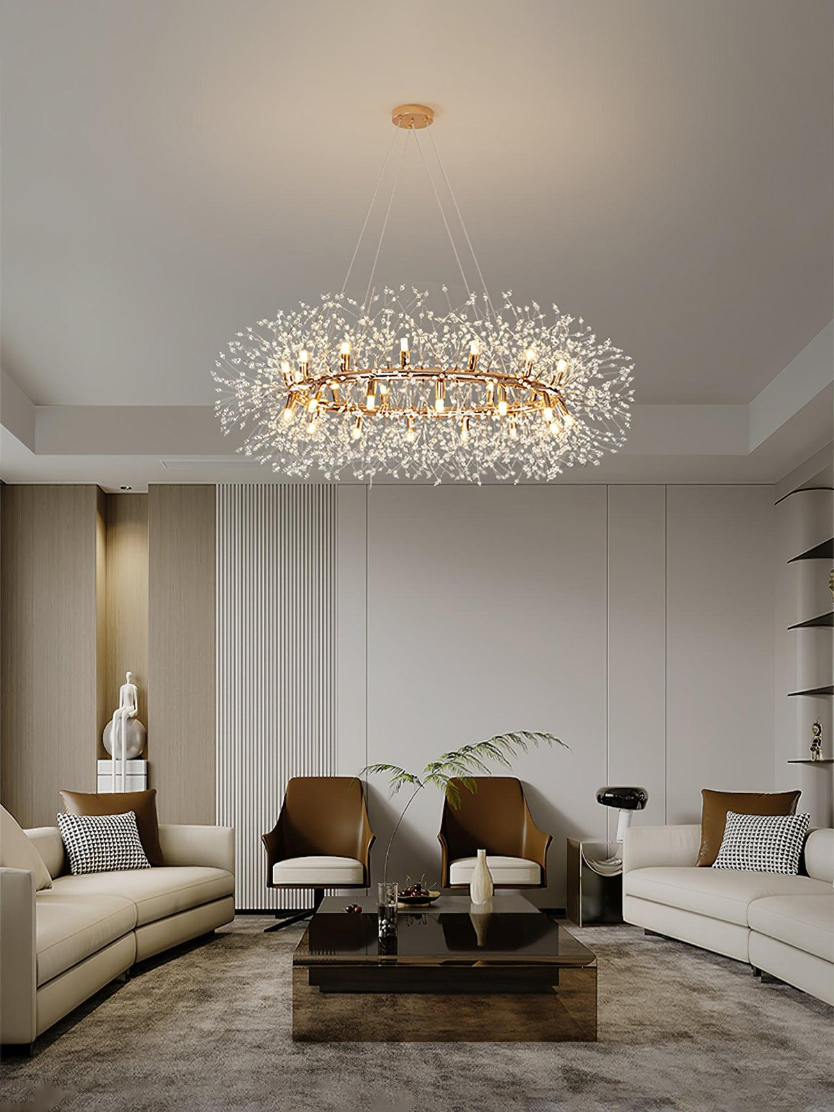 Dandelion Round Crystal Chandelier Modern Gold LED Pendant Light for Dining Room