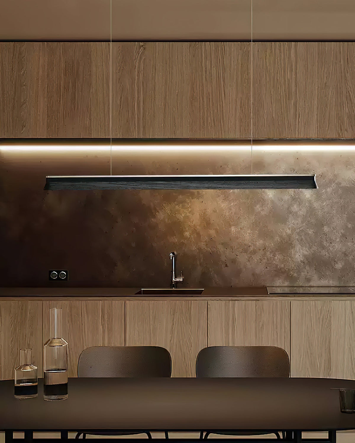 Danqiu Linear LED Chandelier in Wood and Metal for Modern Dining Rooms