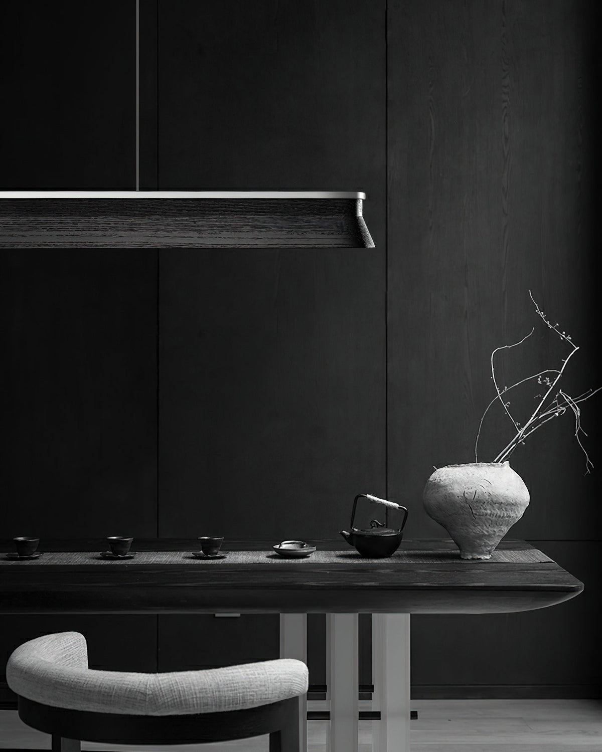 Danqiu Linear LED Chandelier in Wood and Metal for Modern Dining Rooms