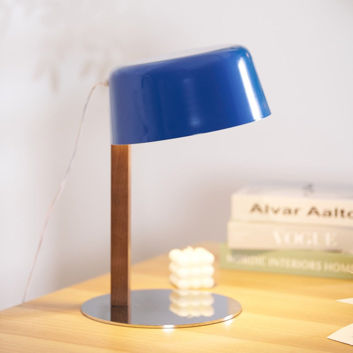 Dario Tilted Table Lamp – Modern Blue Shade, Walnut Wood & Chrome