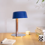 Dario Tilted Table Lamp – Modern Blue Shade, Walnut Wood & Chrome