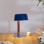 Dario Tilted Table Lamp – Modern Blue Shade, Walnut Wood & Chrome